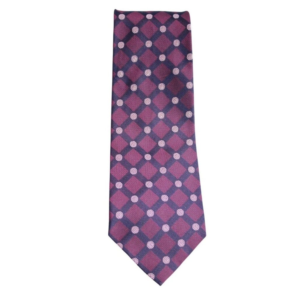 HARDY AMIES LONDON Tie 100% Silk - Eggplant, Navy Blue & Pink Polka Dot